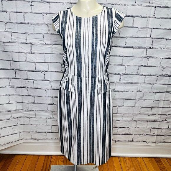 J.Crew Womens Cream Blue Patch Pocket Striped Tweed Sheath Midi Dress Size 4 - Picture 1 of 9